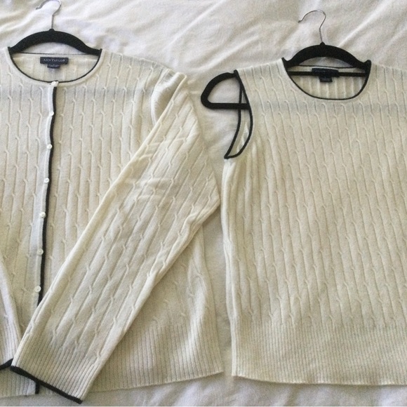 EUC Ann Taylor cashmere black tipped ivory sweater set. Size large. - Picture 9 of 11